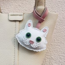 Real Leather White Cat Bag Charm Handmade Keychain Key Ring Car Key Fob Gift New