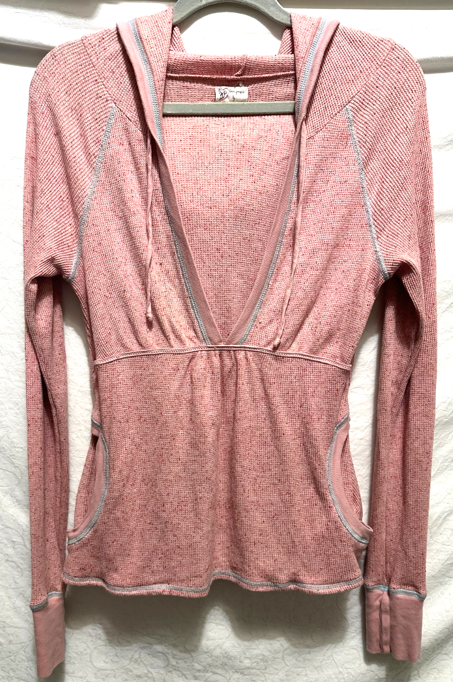 Free People Large Red Heathered Deep V Hooded Babydoll Thermal T-Shirt