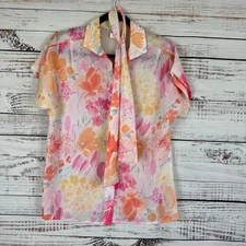 Women VTG EUC Laura Mae Pink Orange Floral Button Up Top Necktie Head Scarf 12 L