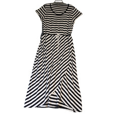 Talbots Maxi Dress SZ XL Black White Stripe Faux Wrap Nautical Drawstring Waist