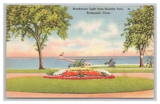 Connecticut Bridgeport Breakwater Light From Seaside Park Harbor Linen Postcard