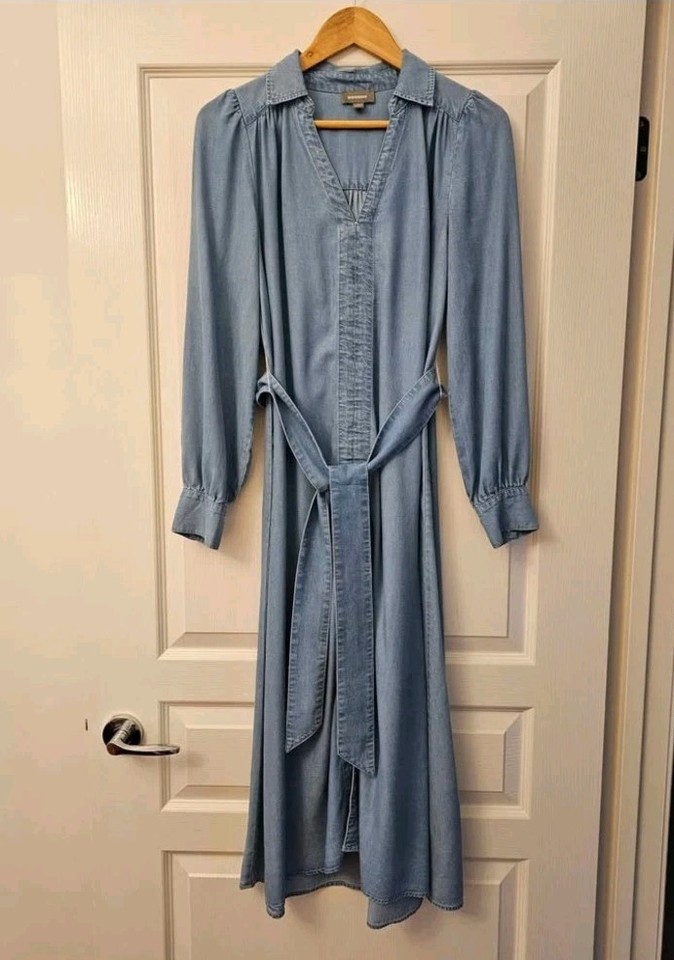 Sussan Blue Denim Belted A-Line Midi Dress V-Neck Long Sleeve Size 6