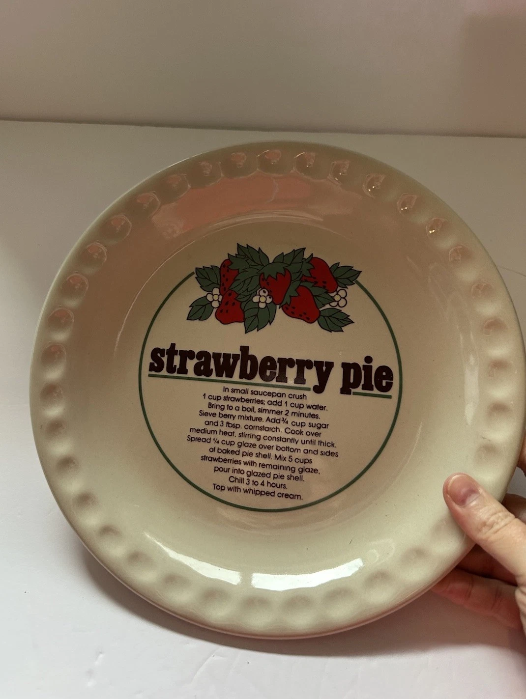 VTG Strawberry Pie Plate 11" with Recipe 1980s Crimped Edge