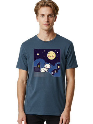 Sleeping-Cat-Under-Moonlight Mens Graphic Tee, 100% Cotton, Casual Summer Wear