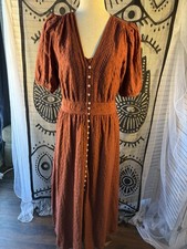 GAP Brown Solid V-Neck Button Front Maxi Dress Puff Short Sleeve Women S