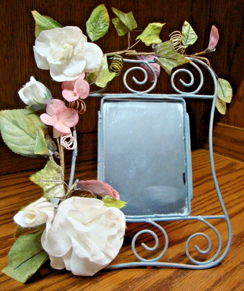 Vtg Rustic Distressed Scrolled Metal Frame w/3.5"x 5" Mirror+ Flower~Leaves D24 - Image 3 of 4
