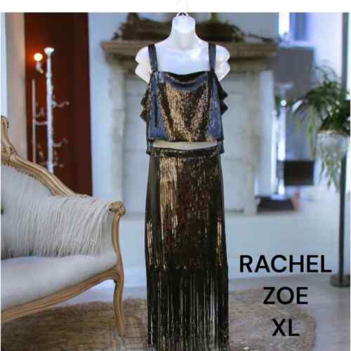 Rachel Zoe, Size XL, 2 PC, Black Sequin/Fringe Skirt/Cropped Top. New K25 - Foto 1 di 11