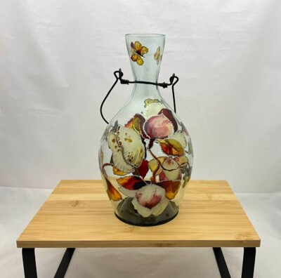 Windlicht Glas/Metall Form Vase handbemalt signiert NIS 24,5 x 13 cm ca.