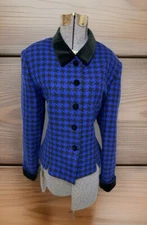 Kasper For ASL Blazer Size 14 Fits Like 12 Blue Houndstooth Jacket Velvet Lapel