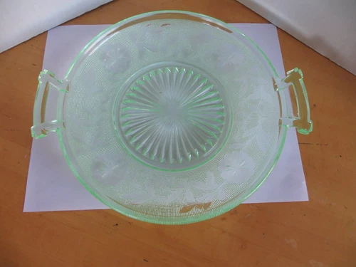 Green Depression Serving Platter / Plate With Handles Floral Pattern 9 Inch