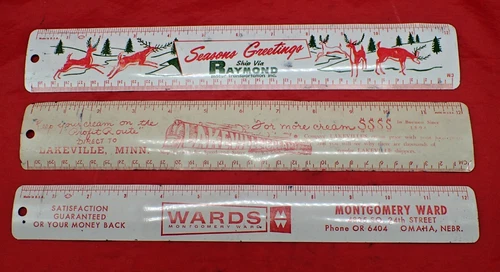 3 Vintage Metal 12" Rulers Montgomery Wards Lakeville Creamery Christmas