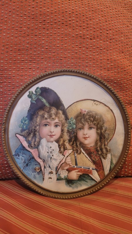 Antique Vintage Stove Pipe Flue Cover Picture Victorian Boy & Girl 9 1/2+"