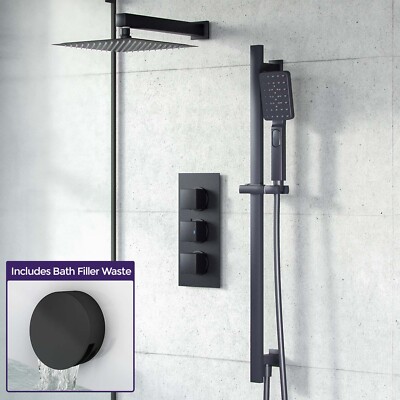 200mm Matt Schwarz Dusche 3-Wege Mischventil + Handgerät mit Wannenfüllset