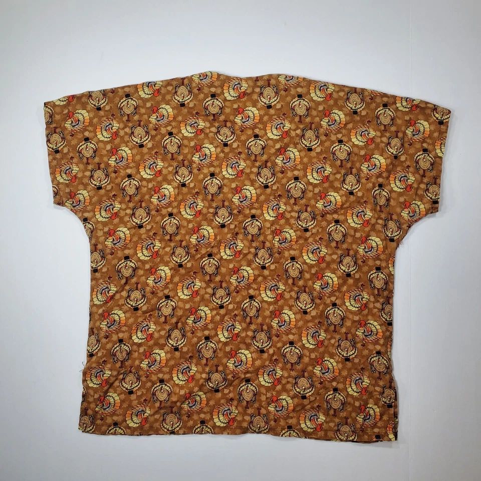 Hand Stitched Thanksgiving Scrub Top Brown With Turkeys On It. - Image 2 of 4