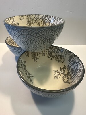 Set of 3 Pfaltzgraff GABRIELA Gray Blue Cereal Soup Bowls Textured Stoneware