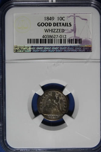 1849 NGC 10C GOOD DETAILS WHIZZED SEATED LIBERTY DIME #B49932