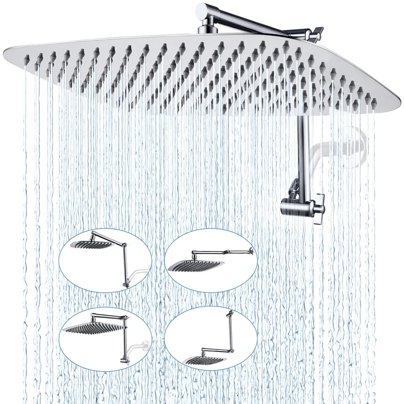 G-Promise All Metal 16 Inch Rain Shower Head Adjustable Extension Arm Full-Body