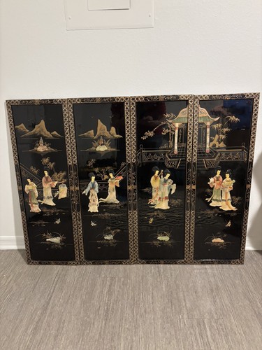 4 Japanese Black Laquer Mother Of Pearl Panels Mural