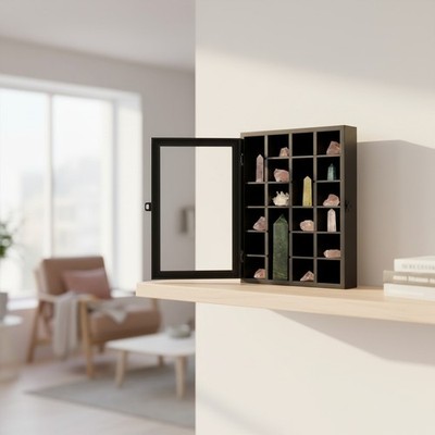 Elegant Wall-Mounted Rock Display Case - Adjustable Wooden Organizer in Black