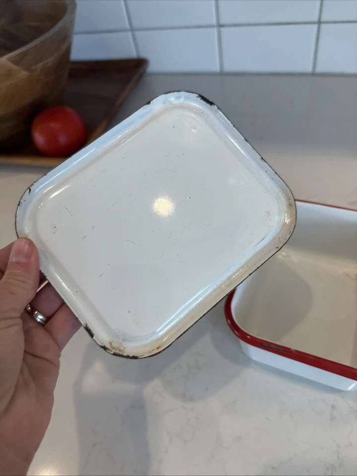 белый контейнер для эмалированной посуды с красным ободком, жестяная банка или контейнер для хранения холодильника - Изображение 3 из 4