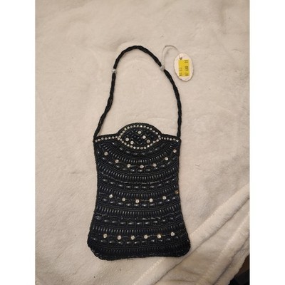 Vintage Black Beaded Evening Bag Rhinestone Accents Formal Clutch Purse