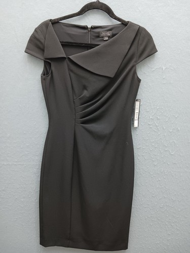 Tahari Women Size 2 Dress Black Asymmetrical Cap Sleeve Professional Work Chic