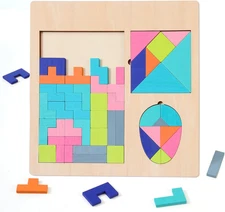 Kids Wooden Blocks Puzzles Toy Tangrams Jigsaw Oval Brain Teasers Toy Sets Color