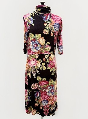 Anthropologie Ett:Twa Floral Midi Dress Sz S Black Stretch Mock Neck Knit A-Line