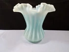 Fenton Satin Blue Opalescent Glass Rib Optic Ruffled Vase 6 1/8" Tall INV2