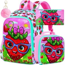 KLFVB 3PCS Strawberry Backpack for Girls, Water Resistant Kids Bookbag with L...