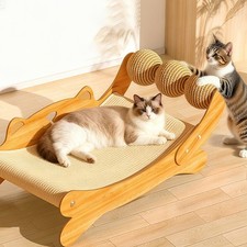 Cat Scratcher Bed for Indoor Cats, 3-in-1 Wooden Cat Hammock Lounge with Dura...