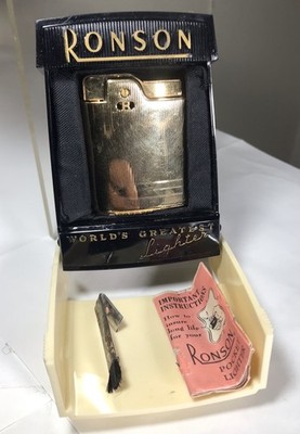 VINTAGE RONSON NEWARK  ESSEX LIGHTER IN CASE OWNERS GUIDE PRICE LABELS & BRUSH
