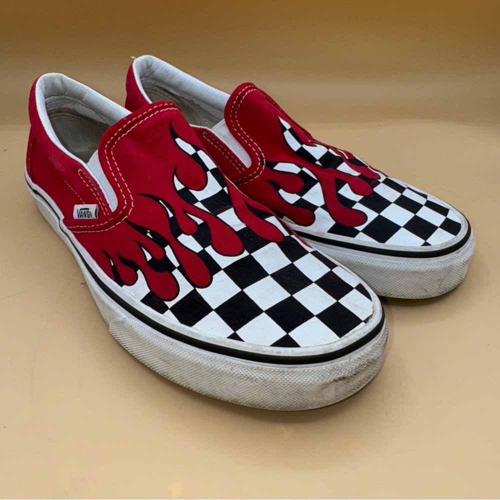 Vans Red Flame Splatter Checkered Slip-On Sneakers, Men's Size