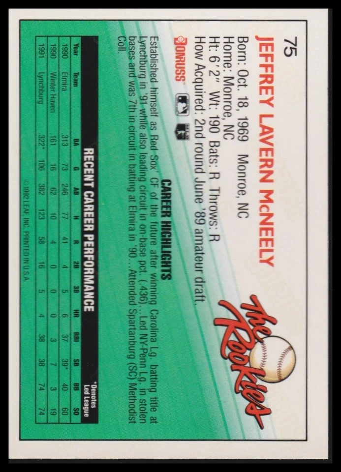 1992 Donruss The Rookies #75 Jeff McNeely - Image 2 of 2