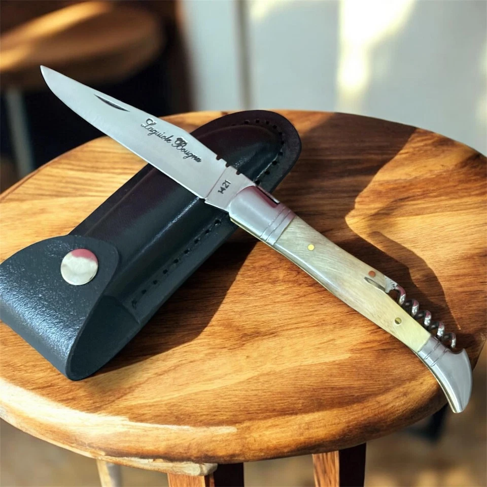 Faca de bolso vintage Laguiole lâmina chifre cabo bainha couro saca-rolhas masculino - Imagem 3 de 4