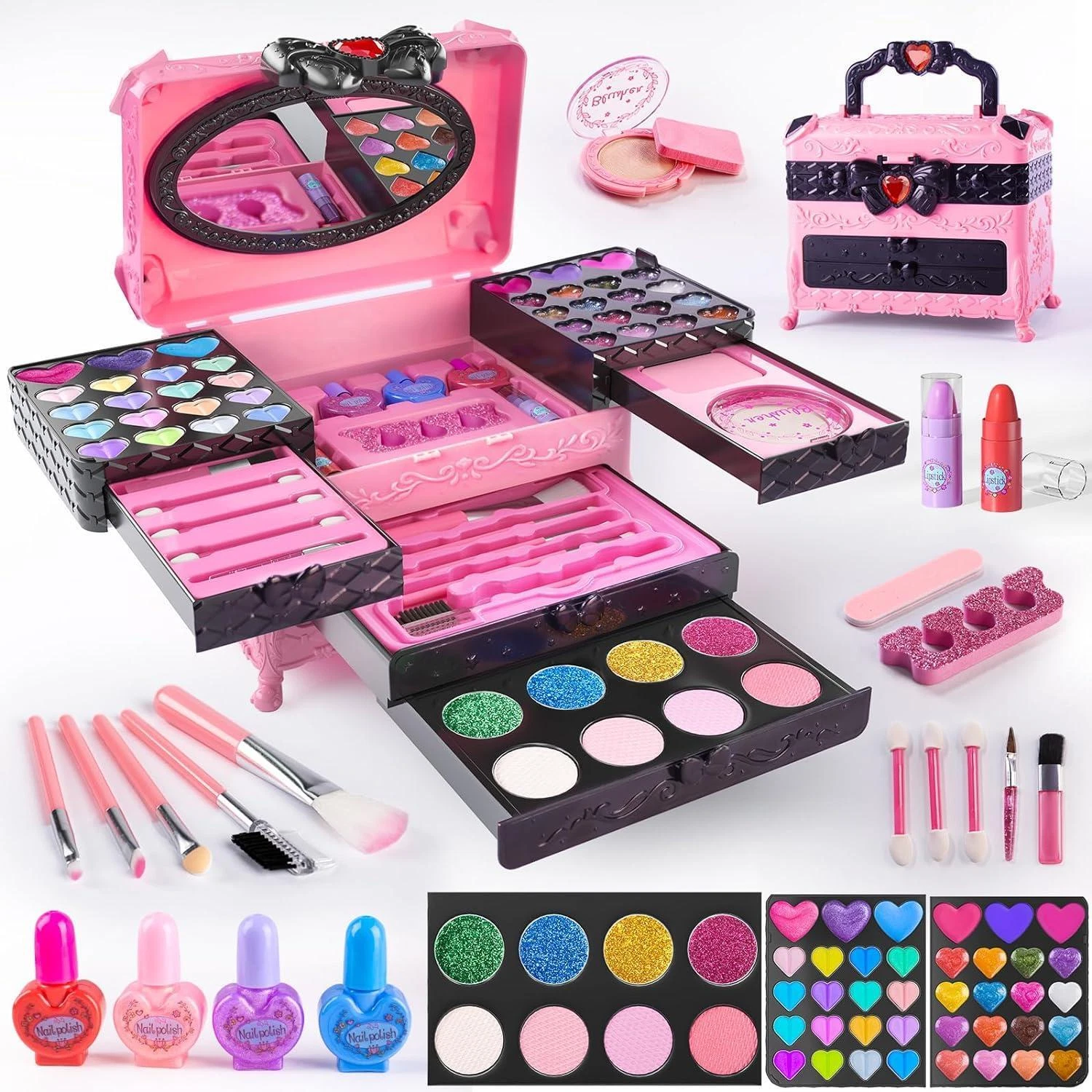 Kit De Maquillaje Para Niños De 66 Piezas Para Niña Juguetes Pink and Black