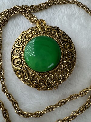 VTG 70s Max Factor Green Cabochon Perfume Locket Pendant Necklace FULL Rare