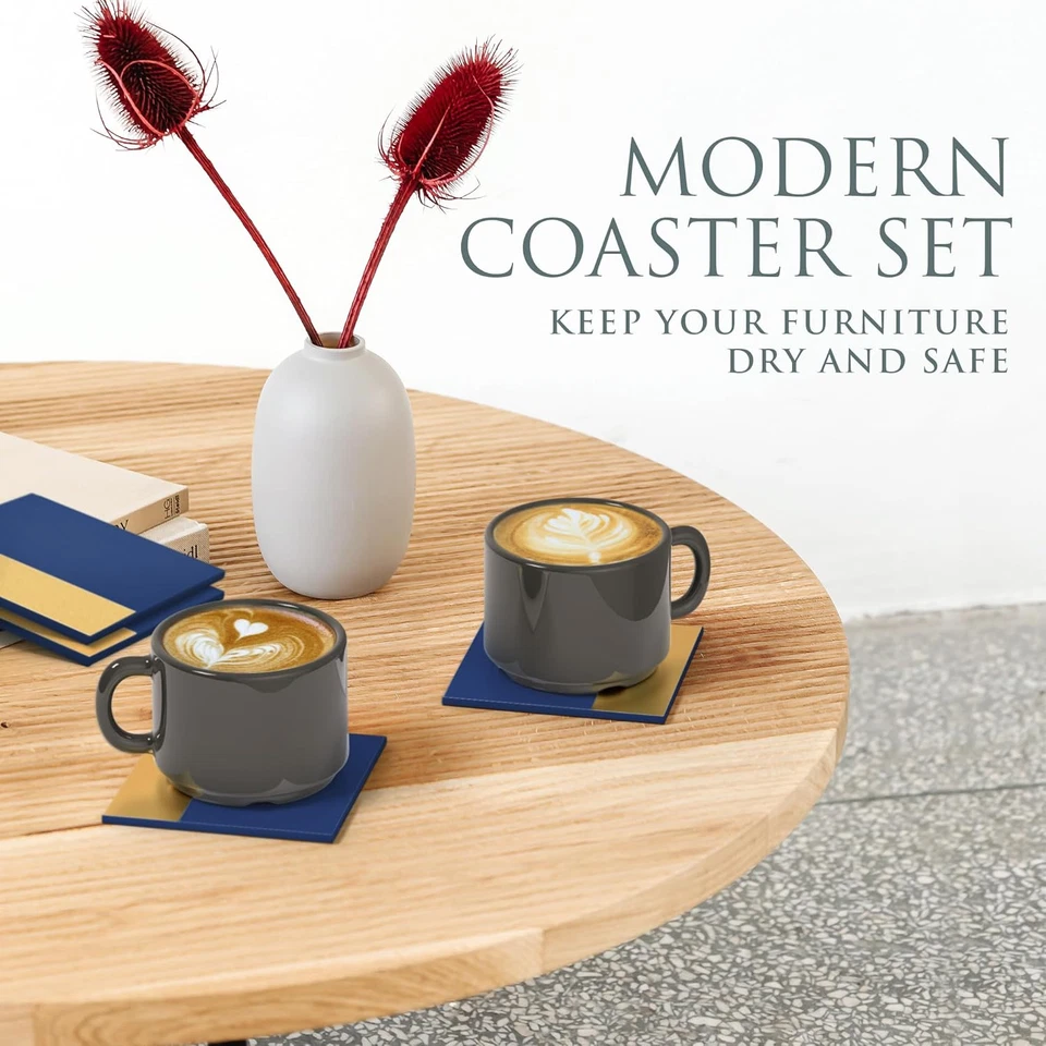 Navy Blue Serving Tray with 4 Matching Coasters, Decorative Gold Handles, Wooden - Image 4 of 4