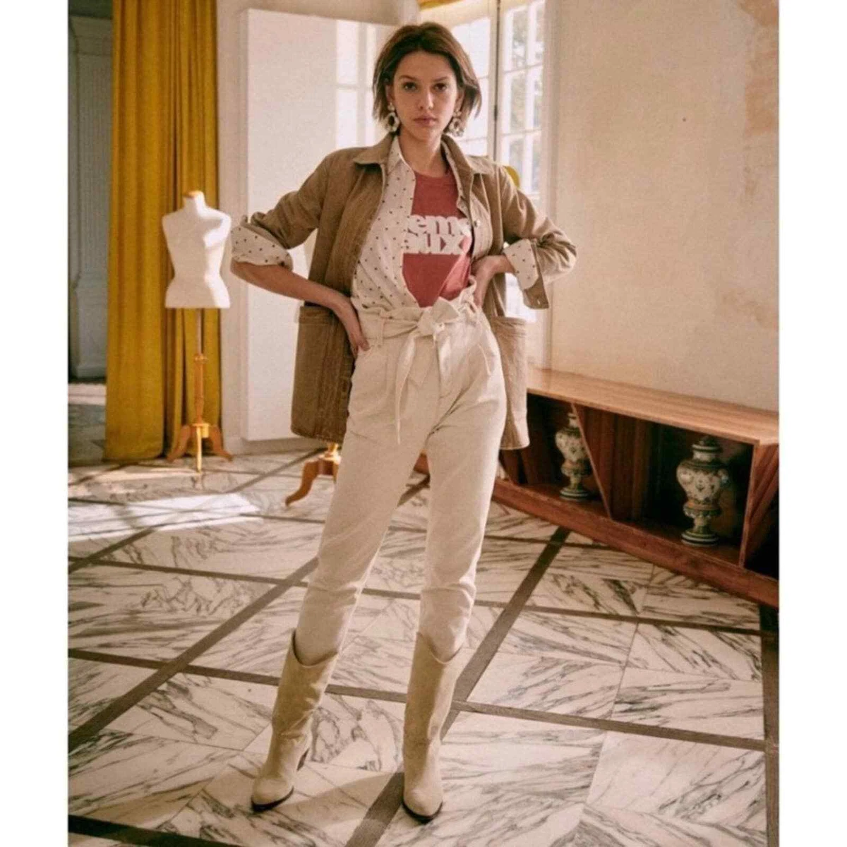 Sezane Austin Trousers Flecked Ecru Belted