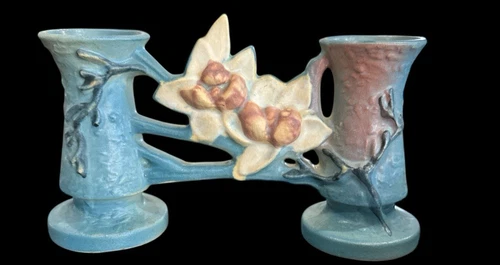 Vintage  Roseville Magnolia Blue Double Bud Vase 1943  #186