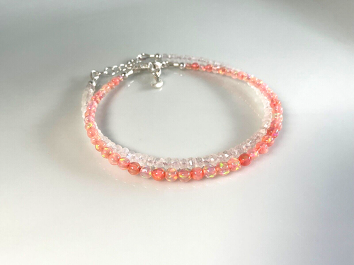 Pink Fire Opal and Rainbow Moonstone Bracelet Set, Adjustable Length, Moon Charm - Picture 6 of 7