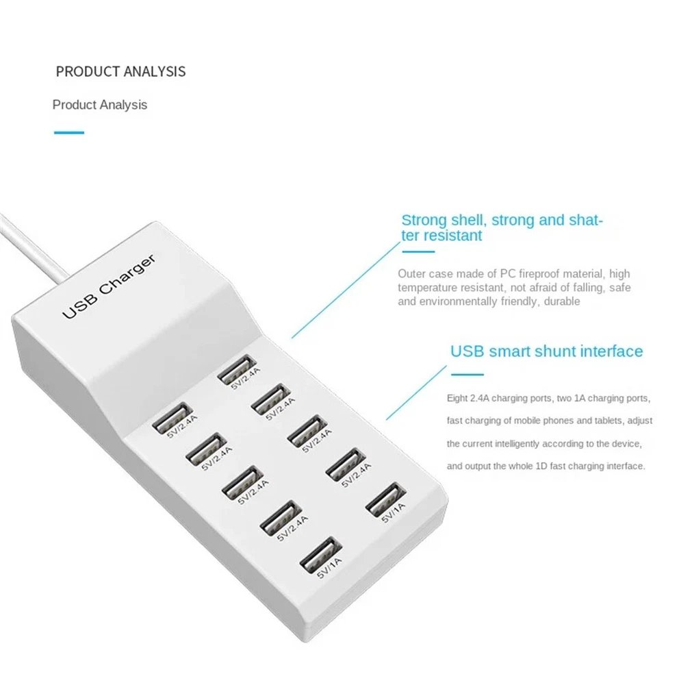 10-Port USB Charging Station for Phones Tablets Multiple Devices  