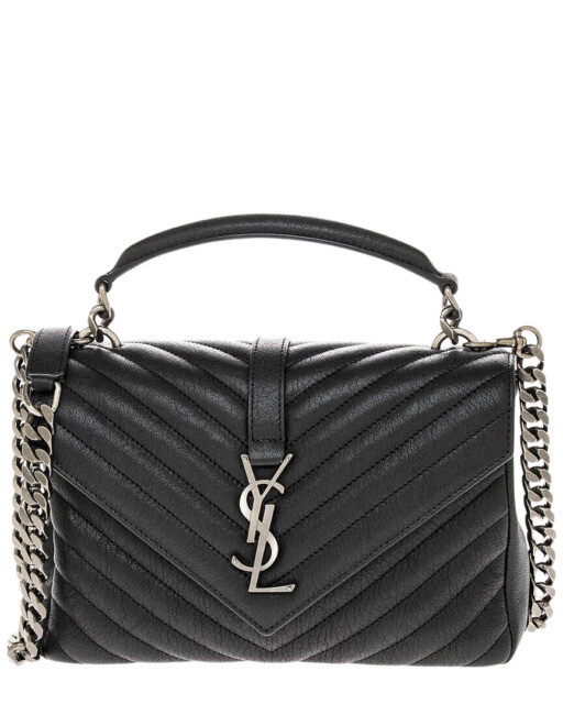Saint Laurent College Silver Hardware Shoulder Bag Medium Black Leather