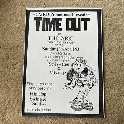 Time Out Cairo The Ark Nottingham Hip Hop 1993 Rave Flyer A5