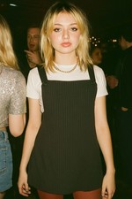 Facets By Mirrors Dress Vintage Black Pinstripe Button Strap Overall Mini
