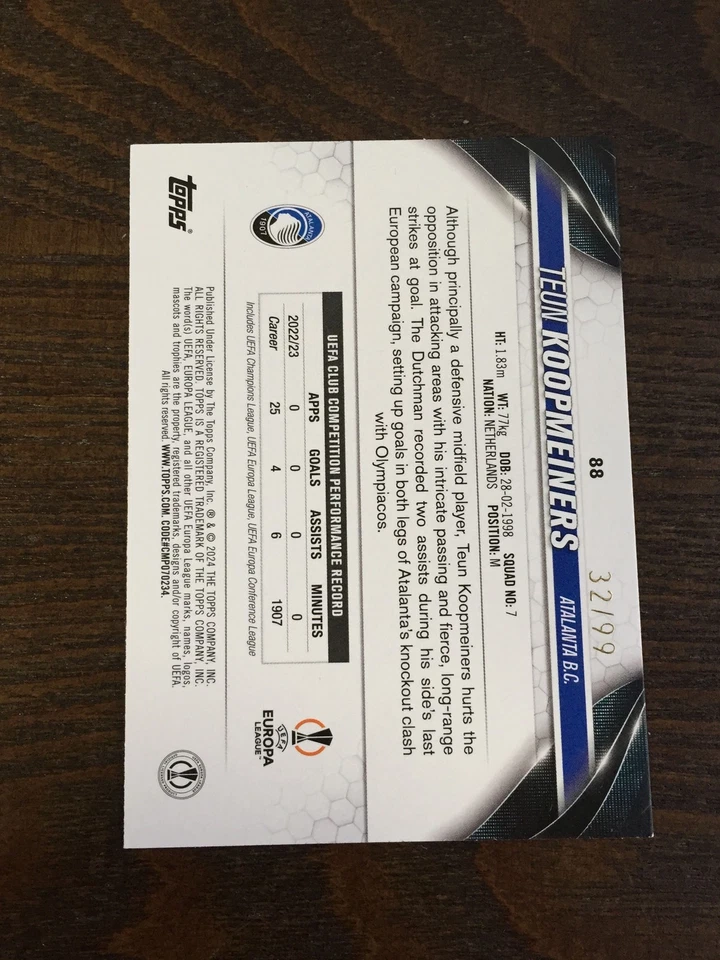 2023-24 Topps UCC Teun Koopmeiners Green 32/99 Netherlands Juventus Atalanta - Image 2 of 2