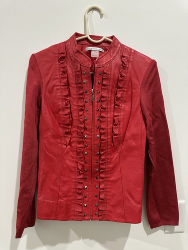Vintage Peter Nygard Womens Leather Jacket Size M Red Studded Ruffles - Picture 1 of 6