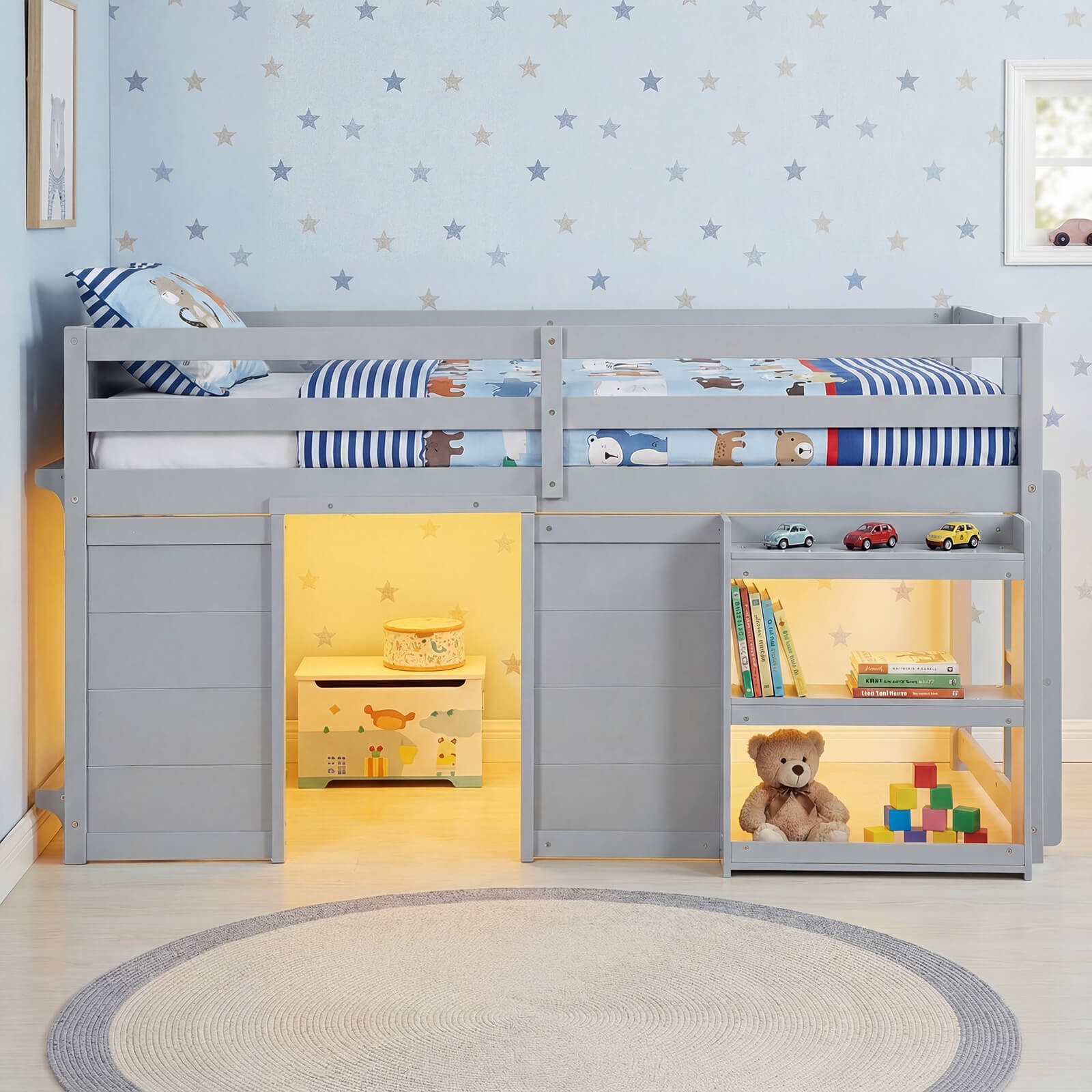 Twin Size Loft Bed w/LED Lights for Kids, Wooden Low Kids Loft Bed w/2 Doors