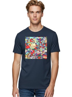 Tattoo-Pattern Mens Graphic Tee, 100% Cotton, Casual Summer Wear