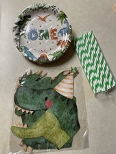 Dinosaur theme first birthday supplies-small plates, straws, dinosaur banner New